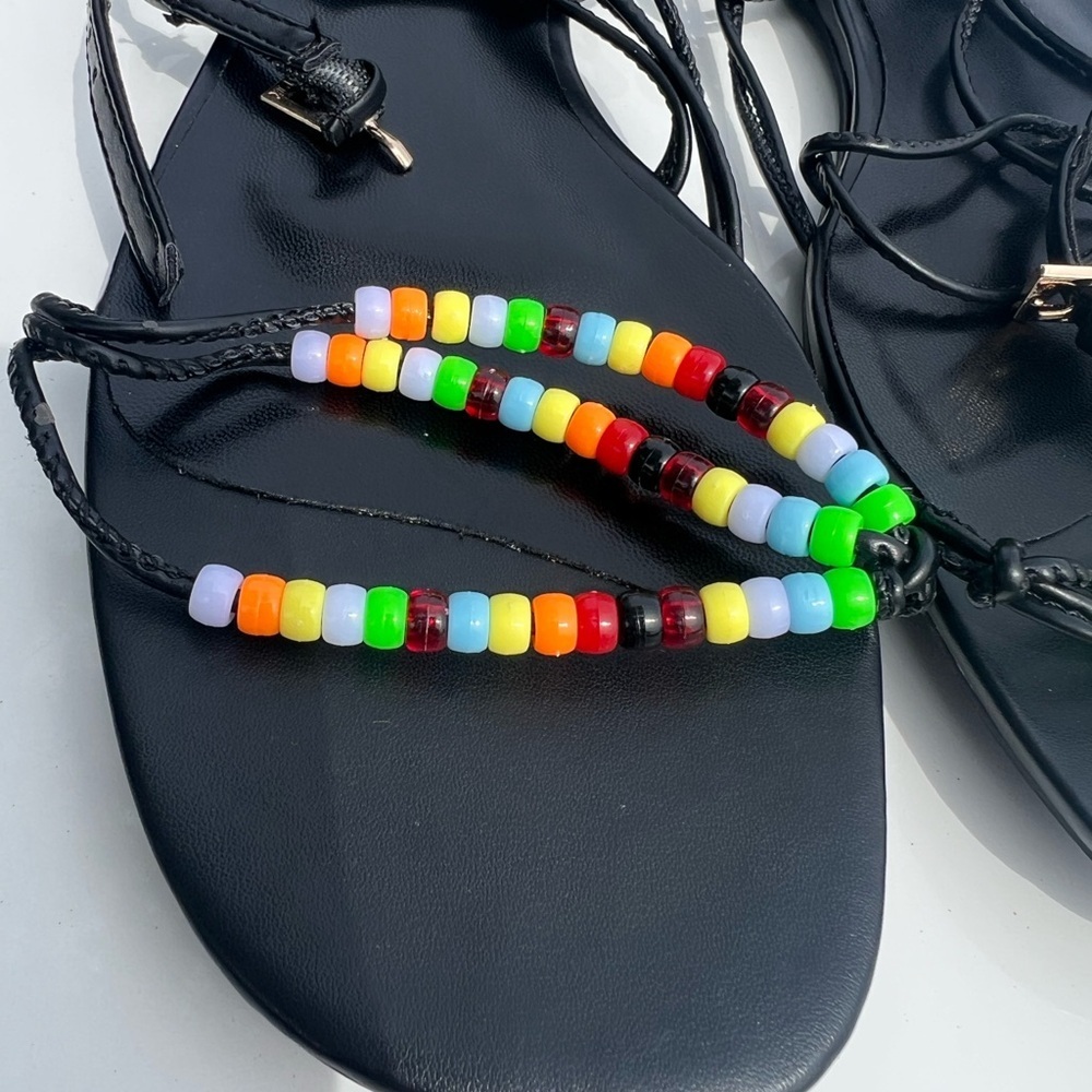 Black Strappy Sandals with Multicolor Beaded Toe Detail - Picture 5 of 6